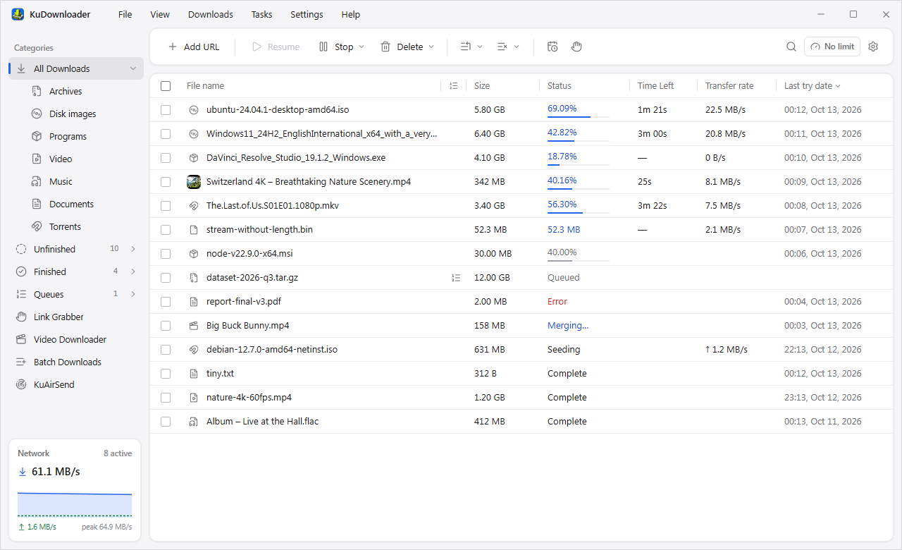 KuDownloader's main window with a list of downloads and the speed graph